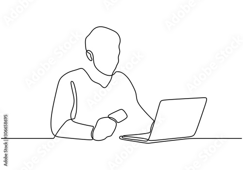Continuous one line drawing of man holding business card and looking at laptop computer. Concept of online shopping.