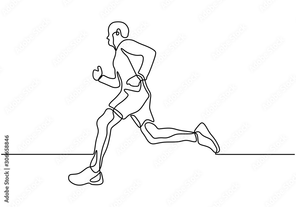 Fototapeta Continuous one line drawing of person running during sport marathon or sprint game. Champion player doing jogging exercise vector minimalism.