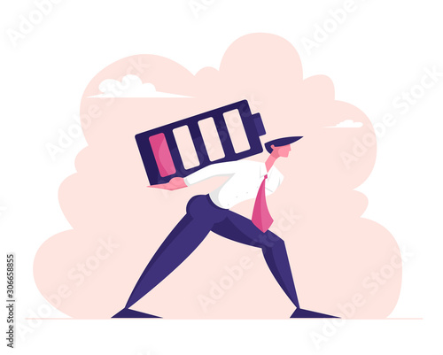 Haggard Businessman Carry Huge Battery with Low Red Charging Level on Back. Tired Employee Working from the Last Forces. Deadline Overload and Life Energy Concept. Cartoon Flat Vector Illustration