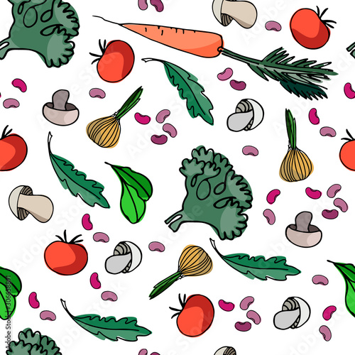 Seamless pattern with vegetables, mushrooms, beans and greens for surface design, posters, illustrations. Isolated elements on white background. Healthy foods theme
