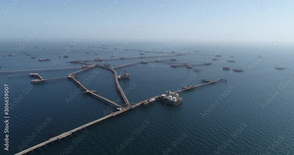 OIL ROCKS – the city on the caspian sea. Offshore oil production. Aerial view of  Oil production at Caspian sea.