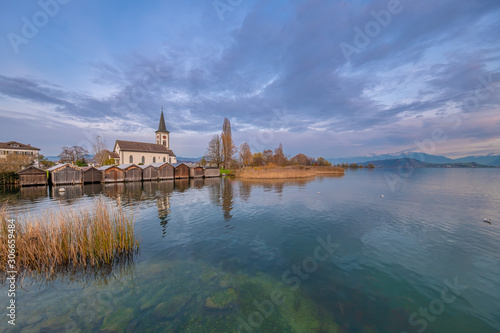 Busskirch, a dreamy little church village on the shores of the Upper Zurich Lake (Obersee), Rapperswil-Jona, St. Gallen, Switzerland.