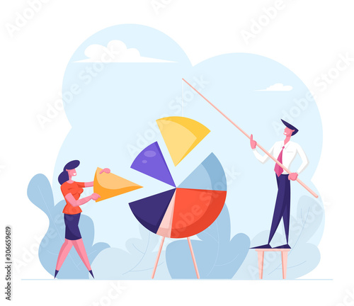 Team Work Concept. Businesspeople Characters Assemble Huge Pie Chart Pieces in Whole Construction. Business People Datum Analysis Teamwork Cooperation and Partnership. Cartoon Flat Vector Illustration