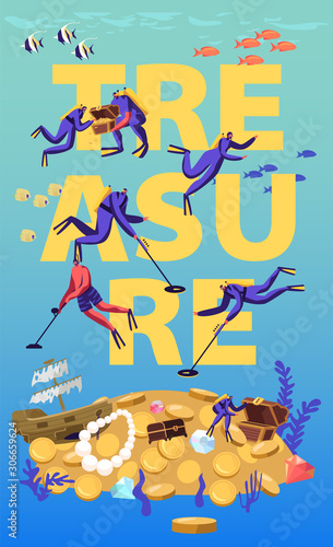 Divers Search and Found Treasures on Sandy Ocean Bottom Concept. People in Diving Suits with Metal Detectors Exploring Underwater Space Poster Banner Flyer Brochure. Cartoon Flat Vector Illustration
