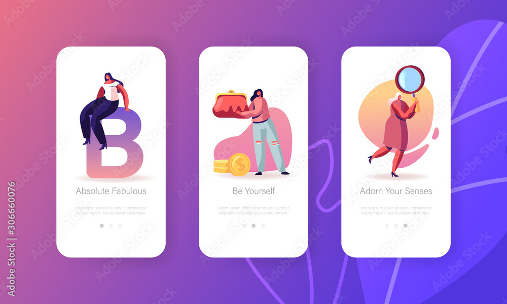 Women and their Things Mobile App Page Onboard Screen Set. Girl Hold Huge Purse with Money and Magnifying Glass. Modern Lady Accessory Concept for Website or Web Page, Cartoon Flat Vector Illustration Women and their Things Mobile App Page Onboard Screen Set. Girl Hold Huge Purse with Money and Magnifying Glass. Modern Lady Accessory Concept for Website or Web Page, Cartoon Flat Vector Illustration