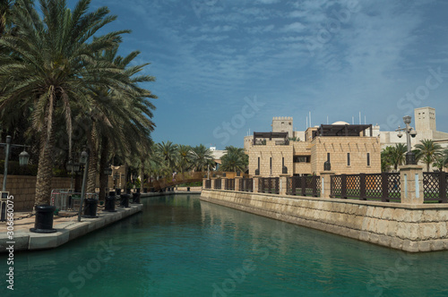 A view over the Pale blue water of the Canal running through Dubai's Old ton, UAE