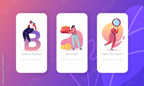 Women and their Things Mobile App Page Onboard Screen Set. Girl Hold Huge Purse with Money and Magnifying Glass. Modern Lady Accessory Concept for Website or Web Page, Cartoon Flat Vector Illustration