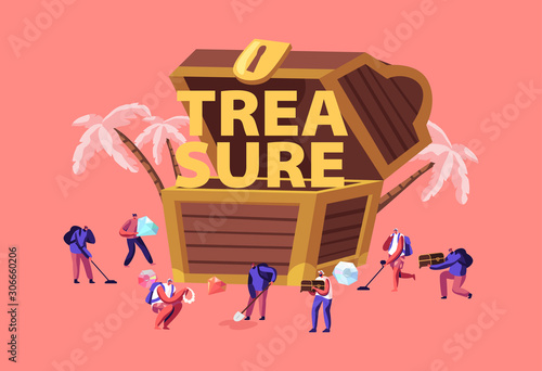 Treasure Hunting Concept. Tiny Male Female Characters with Metal Detectors Searching Hidden Chest with Gold and Jewels on Tropical Island Poster Banner Flyer Brochure. Cartoon Flat Vector Illustration