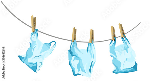 Symbol of environmental pollution of the planet with plastic, non-degradable debris. cellophane bags are dried on a rope. World Environment Day, planet day, rejection of plastic. vector illustration.