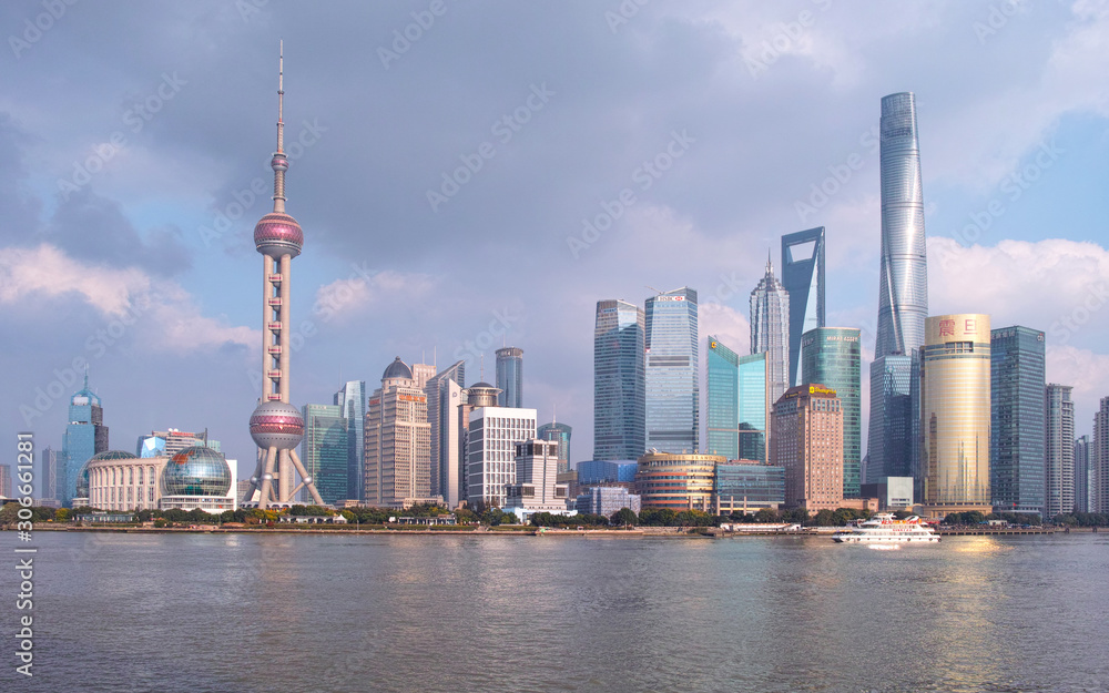 beautiful Shanghai Lujiazui Cityscape with blue sky background viewed from the bund.	