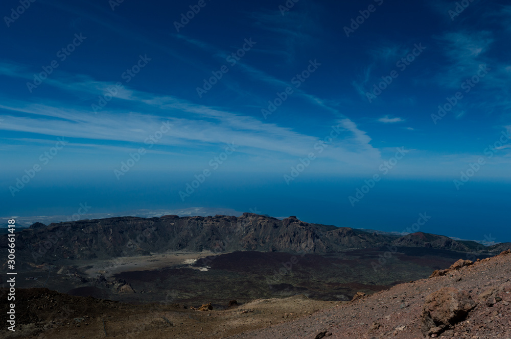 View from the peak of Mount Teide on the Island of Tenerife showing the deep blue sky View from the peak of Mount Teide on the Island of Tenerife showing the deep blue sky