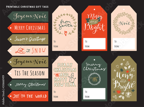 Printable personalized Merry Christmas gift tags. Holiday season vintage design with modern calligraphy, typography, lettering. Traditional Christmas artistic design