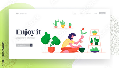 Gardening Hobby Website Landing Page. Woman Digging Home Plant Replanting to another Pot, Care of Domestic Flower in Greenhouse Orangery or Home Web Page Banner. Cartoon Flat Vector Illustration