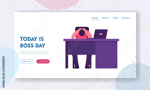 Trouble at Work Website Landing Page. Depressed Businessman Put Head Down on Desk Afraid of Angry Boss in Office. Employee Feeling Stress at Workplace Web Page Banner. Cartoon Flat Vector Illustration
