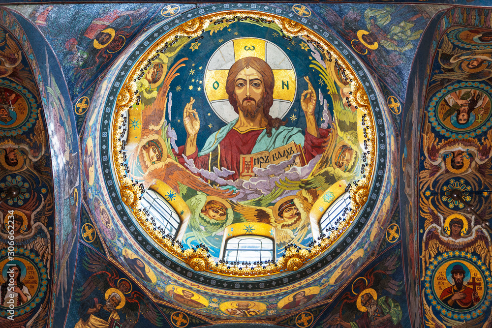 The interior of the Church of the Savior on Blood in St. Petersburg, the ceiling. Russia.