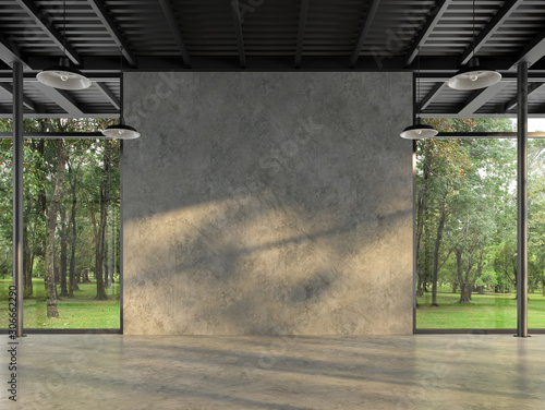 Fototapeta Naklejka Na Ścianę i Meble - Industrial loft style empty room with blank concrete wall 3d render,There are polished concrete floor and wall,black steel structure,There are large windows look out to see the nature