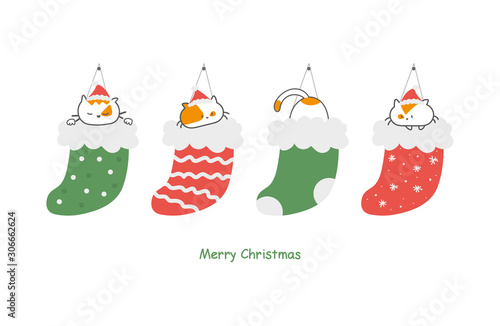 Christmas card with cute cartoon cats in socks, merry christmas and happy new year of the mouse 2020