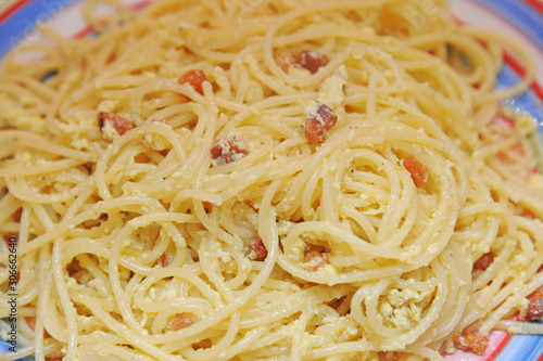 Carbonara pasta is tipical food of Roma - pasta with bacon and eggs