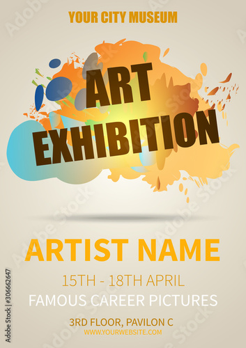 Abstract colorful splash vector flyer template of art exhibition in orange color