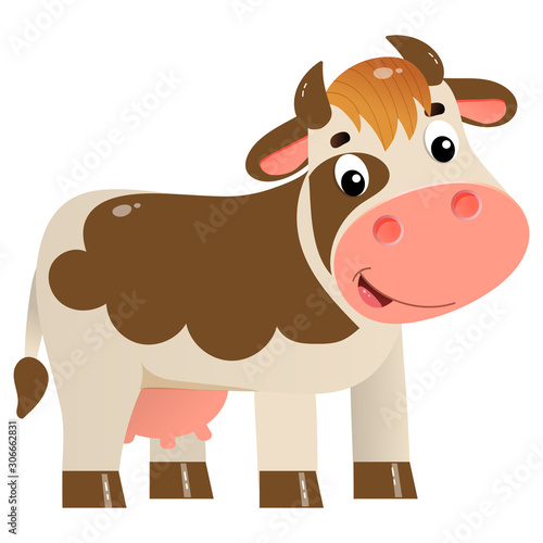 Color image of cartoon spotted cow on white background. Farm animals. Vector illustration for kids.