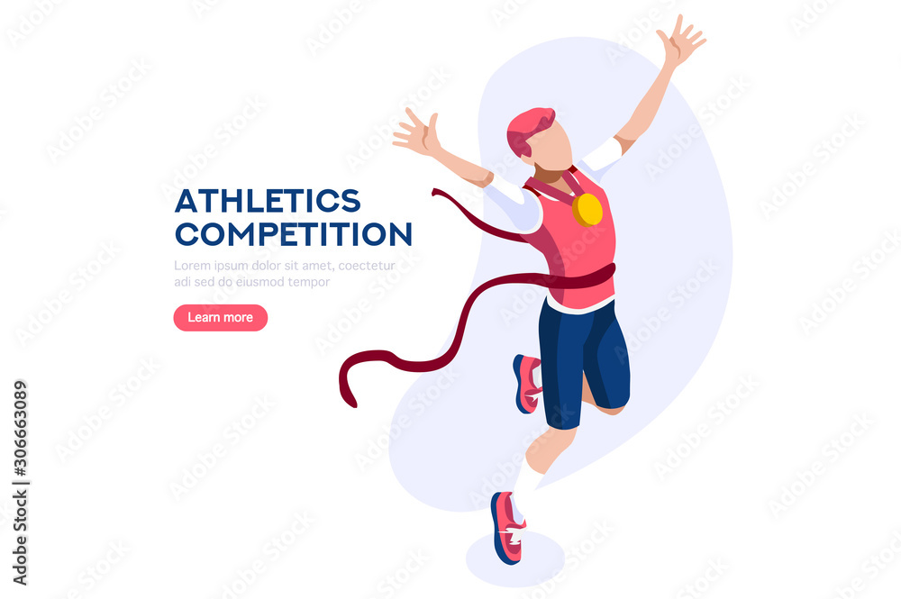 Naklejka premium Web Page, Place with Hands of Athletes. Tournament with Athletics Characters for Victory. Cartoons on Website Page on a First Strong Competition for a Gold Medal. Flat Vector Illustration.