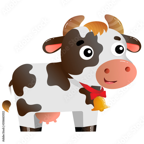 Color image of cartoon spotted cow with bell on white background. Farm animals. Vector illustration for kids.