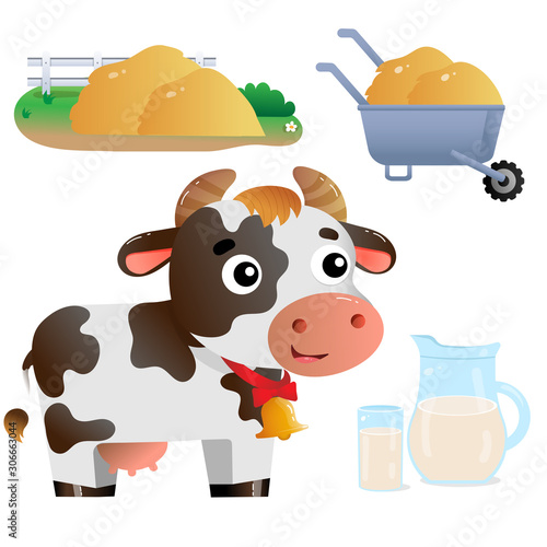 Color image of cartoon cow with milk on white background. Farm animals. Vector illustration set for kids.