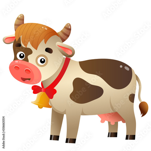 Color image of cartoon spotted cow with bell on white background. Farm animals. Vector illustration for kids.