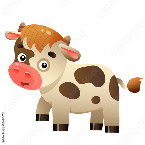 Color image of cartoon calf or kid of cow on white background. Farm animals. Vector illustration for kids.