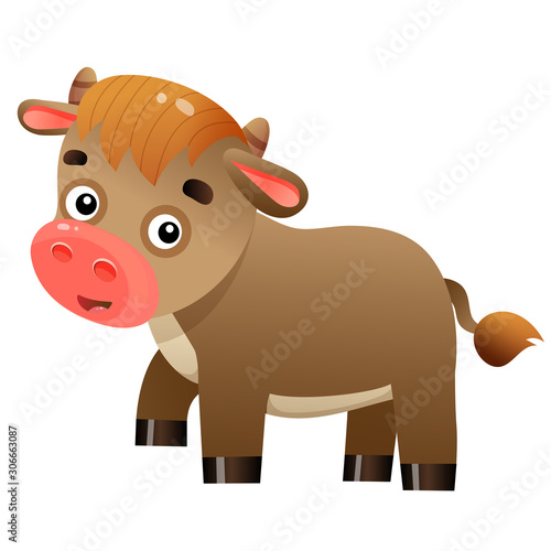 Color image of cartoon calf or kid of cow on white background. Farm animals. Vector illustration for kids.