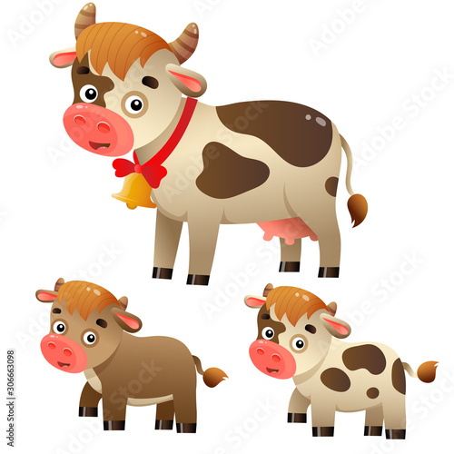 Color image of cartoon cow with calfs on white background. Farm animals. Vector illustration set for kids.