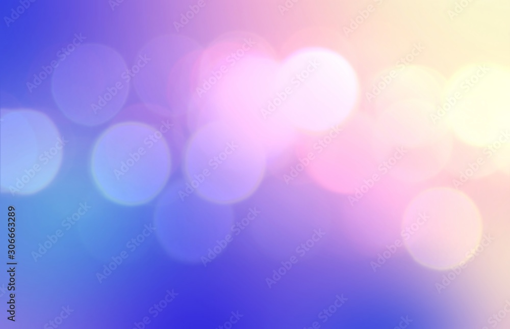 Bokeh blurred illustration. Blue lilac pink yellow gradient background. Fantastic lights abstract pattern. Wonderful defocus texture. Holiday style.