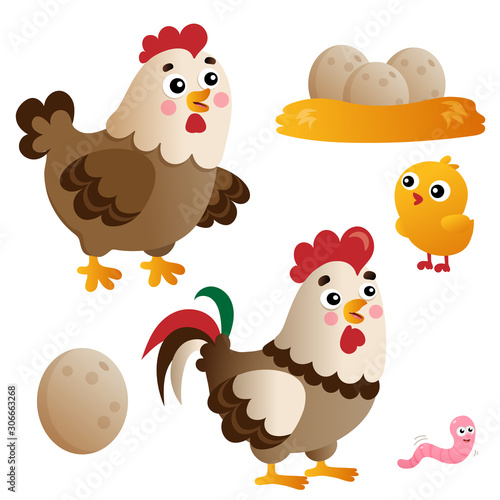 Color images of cartoon chicken or hen with rooster, chick and eggs on white background. Farm animals. Vector illustration set for kids.