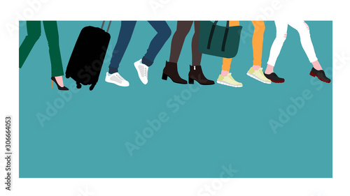 Tourists are boarding with Luggage and hand Luggage. Women's feet in different shoes hurry somewhere