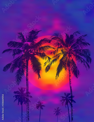 Dark realistic palms silhouettes against the background of a tropical sunset and full moon. Vector illustration © yuliana_s