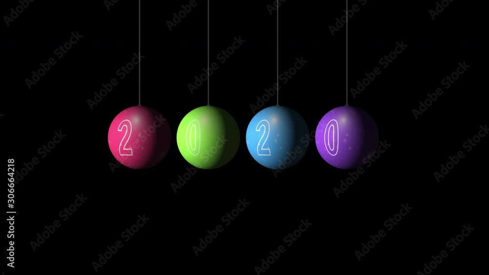 Set Looping realistic animation of the Christmas and New Year multicolored Balls and text 2020. Rotating decoration on white background. Merry Christmas and a Happy New Year! Animation with Alpha