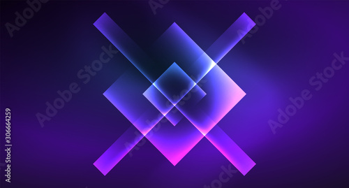 Neon glowing techno square rectangle lines, blue hi-tech futuristic abstract background