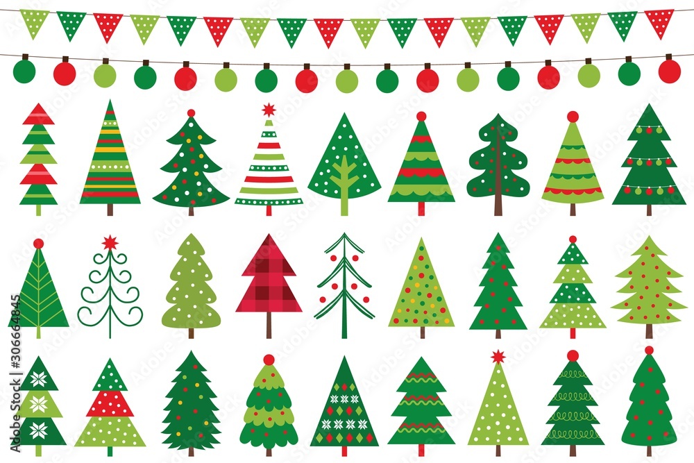 Christmas trees and holiday decoration, vector set
