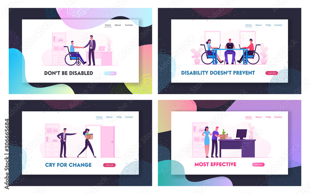 Disability Employment and Dismissal Website Landing Page Set. Angry Boss Fired Employee. Handicapped Person Adaptation in Office or Coworking Zone Web Page Banner. Cartoon Flat Vector Illustration Disability Employment and Dismissal Website Landing Page Set. Angry Boss Fired Employee. Handicapped Person Adaptation in Office or Coworking Zone Web Page Banner. Cartoon Flat Vector Illustration