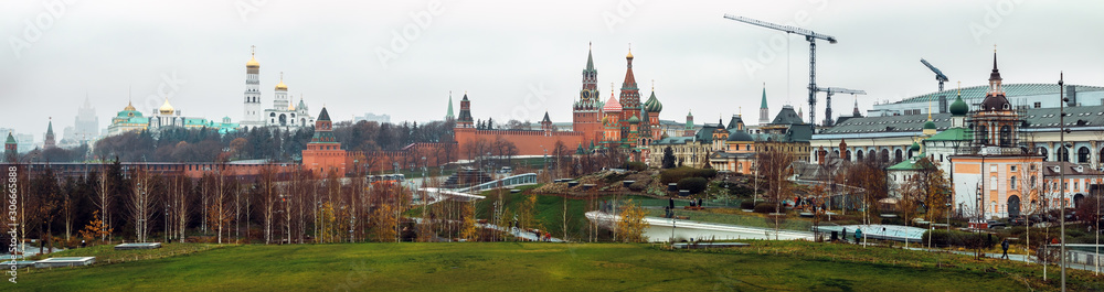panorama of St. Basil's Cathedral (Pokrovsky Cathedral) and the Moscow Kremlin from Zaryadye Park
