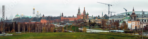 panorama of St. Basil's Cathedral (Pokrovsky Cathedral) and the Moscow Kremlin from Zaryadye Park