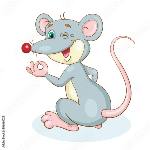 Funny gray rat. In cartoon style. Isolated on white background. Vector illustration.