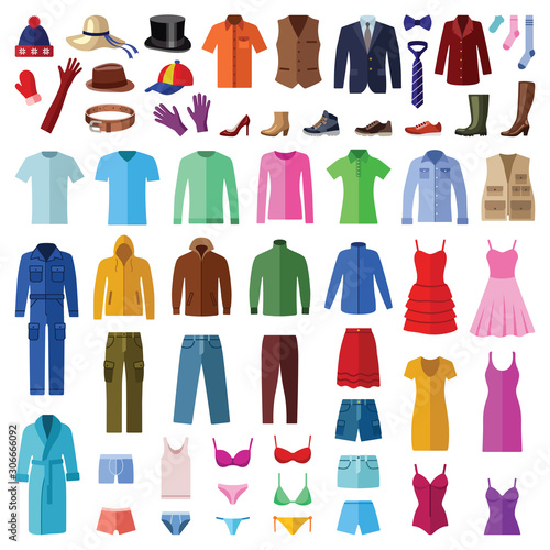 Woman and man clothes and accessories collection - fashion wardrobe - vector color illustration photo