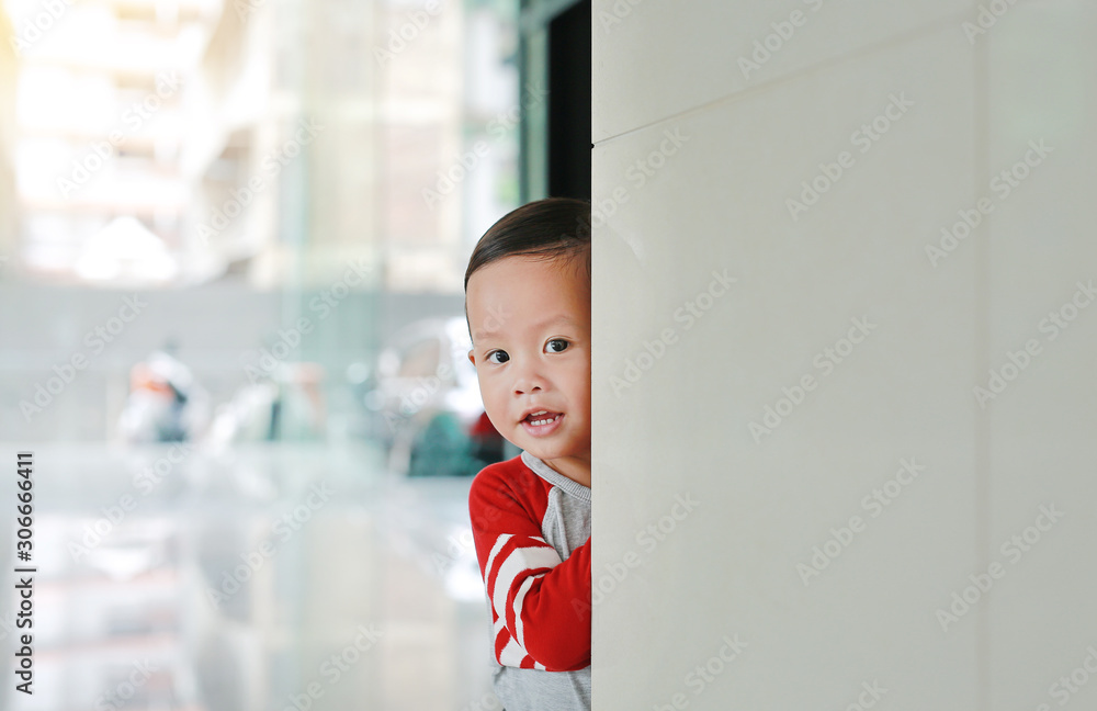 Happy little Asian baby boy hide behind a corner room. Small children playing peekaboo game indoor. Happy little Asian baby boy hide behind a corner room. Small children playing peekaboo game indoor.