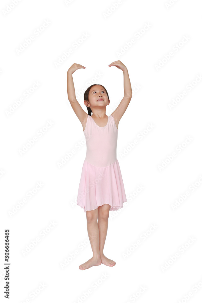 Little child girl dreams of becoming a ballerina. Beautiful little Asian children in pink tutu skirt isolated on white background. Little child girl dreams of becoming a ballerina. Beautiful little Asian children in pink tutu skirt isolated on white background.