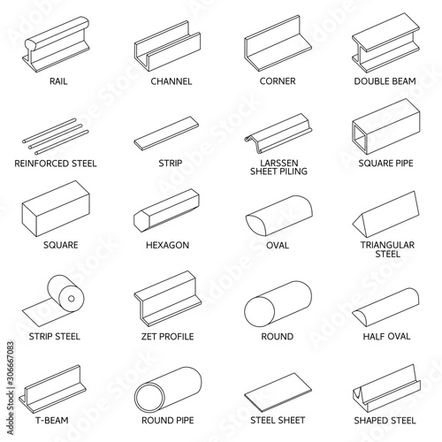 Vector. Linear metal rolling icons. Assortment in isometry. Structural elements for metalwork. Layers good separated.