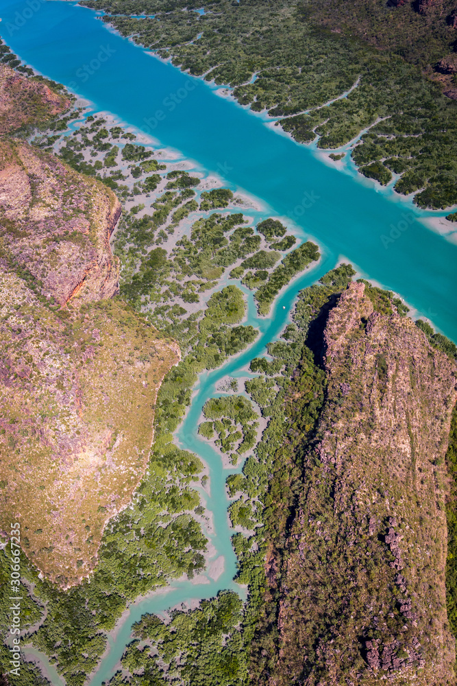 Landscape aerial view of Porosus Creek in Prince Frederick Harbor in the remote North Kimberley of Australia.