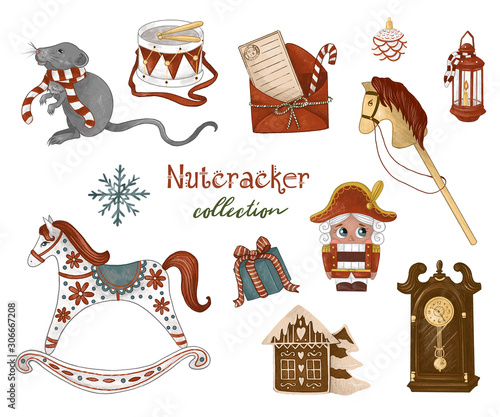 Nutcracker collection.The Nutcracker, letter, mouse, gifts, holiday decorations, children's toys. Hand-drawn illustration on white isolated background photo