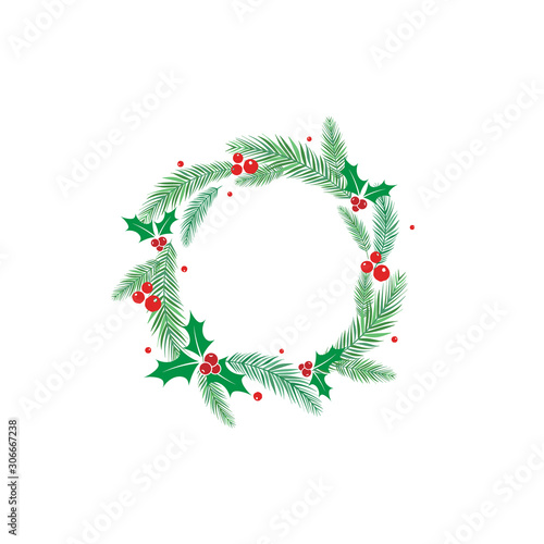 Round wreath with fir tree or spruce twigs and red holly berries. winter holiday garland.