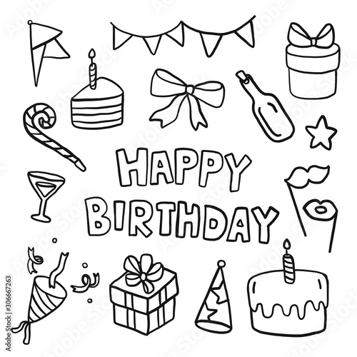 Hand drawing styles Happy Birthday decoration. Birthday Party doodles. Векторный объект Stock